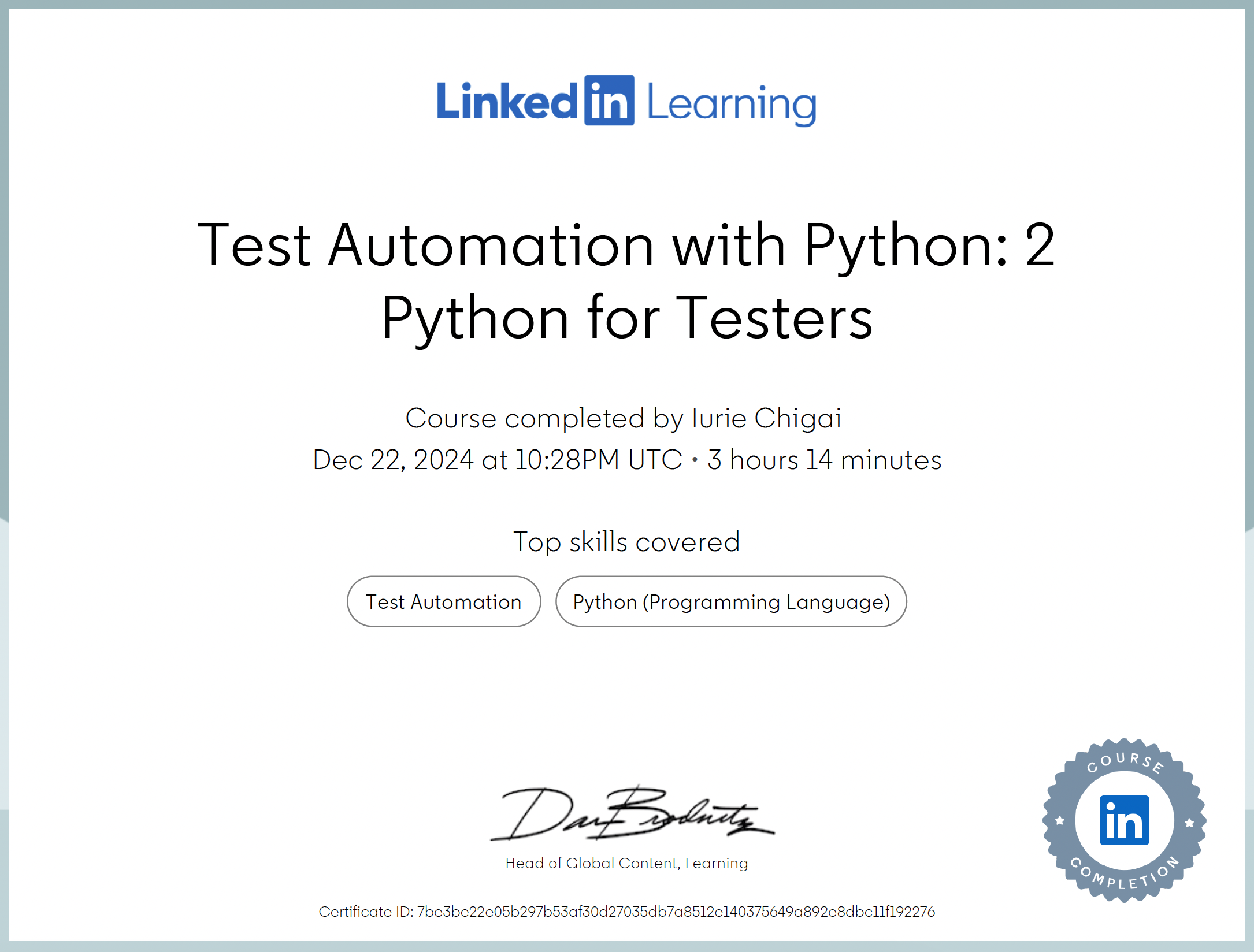 Test Automation with Python certificate issued by Linkedin